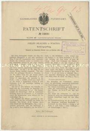 Patentschrift eines Gebirgspfluges, Patent-Nr. 18691