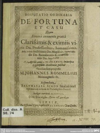 Disputatio ordinaria de fortuna et casu