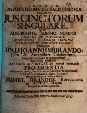 Diss. inaug. iur. exhibens ius cinctorum singulare