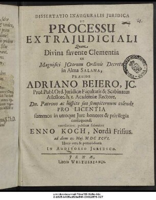 Dissertatio Inauguralis Iuridica De Processu Extraiudiciali