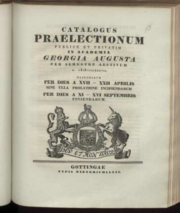 SS 1837: Catalogus praelectionum publice et privatim in Academia Georgia Augusta ... habendarum
