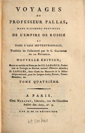 Voyages du Professeur Pallas, dans plusieurs provinces de l'Empire de Russie et dans l'Asie septentrionale, 4