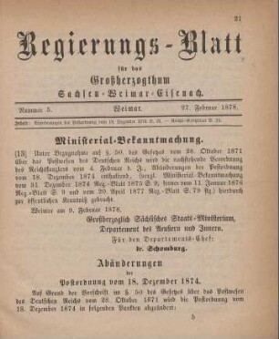 13. Ministerial-Bekanntmachung, Abänderungen der Postordnung vom 18. Dezember 1874 betreffend