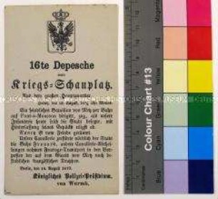 Gedruckte Kriegsdepesche vom Königlichen Polizei-Präsidium über die Kriegsereignisse vom 13.8.1870 in Metz, Nancy und Frouard während des Deutsch-Französischen Krieges