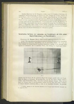 Vereinfachtes Verfahren der Lokalisation von Fremdkörpern mit Hilfe meines Quatratfelderrahmens und Parallellineals.