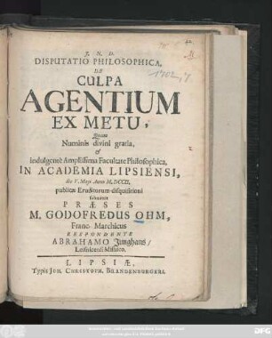 Disputatio Philosophica, De Culpa Agentium Ex Metu