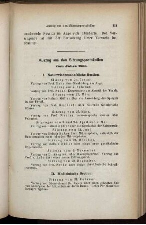 Auszug aus den Sitzungsprotokollen vom Jahre 1868.