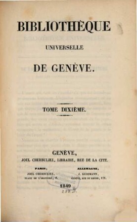 Bibliothèque universelle de Genève. 10. 1849