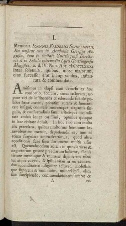 I. Memoria Ioannis Friderici Schweinizii, [...].