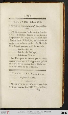 Seconde Classe: Délibérations concernant les Besoins publics