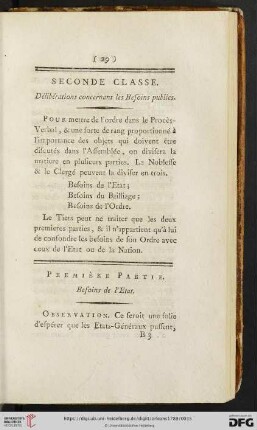 Seconde Classe: Délibérations concernant les Besoins publics
