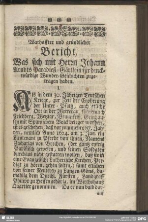 Warhaffter und gründlicher Bericht, Was sich mit Herrn Johann Arndts Paradieß-Gärtlein für denckwürdige Wunder-Geschichten zugetragen haben