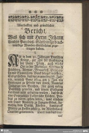 Warhaffter und gründlicher Bericht, Was sich mit Herrn Johann Arndts Paradieß-Gärtlein für denckwürdige Wunder-Geschichten zugetragen haben