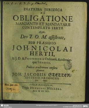 Diatriba Iuridica De Obligatione Mandantis Et Mandatarii Contemplatu Tertii