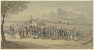Walldürer Wallfahrer ziehen bei dem Städtchen Höchst am Main vorbei