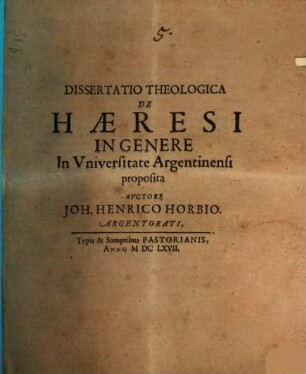 Dissertatio Theologica De Haeresi In Genere