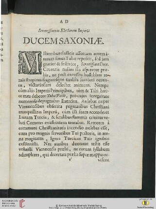 Ad Serenissimum Electorem Imperii Ducem Saxoniae
