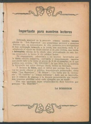 Importante para nuestros lectores
