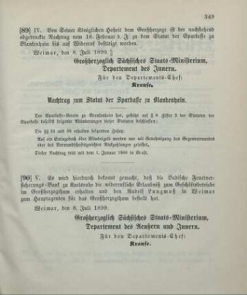90. Ministerial-Bekanntmachung, betreffend Zulassung der Badischen Feuerversicherungs-Bank zu Karlsruhe zum Geschäftsbetrieb im Großherzogthum