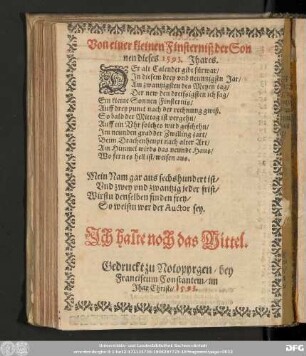 Von einer kleinen Finsterniß der Sonnen dieses 1593. Jhares.