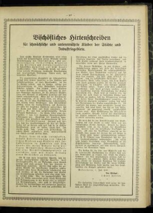 Bischöfliches Hirtenschreiben für schwächliche und unterernährte Kinder der Städte und Industriegebiete