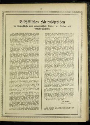 Bischöfliches Hirtenschreiben für schwächliche und unterernährte Kinder der Städte und Industriegebiete