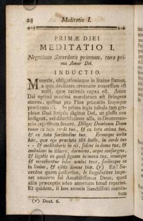 24-39, Inductio; I. Sacerdos prae aliis, ut Deum diligat, vocatur.; II. Sacerdos prae aliis, ut Deum diligat, a gratiarum abundantia monetur.