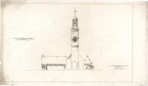 Gsaenger, Gustav; Braunschweig - Lehndorf (Niedersachsen); Ev. Kirche mit Pfarrhaus und Gemeindesaal - Entwurf, Westseite (Ansicht)