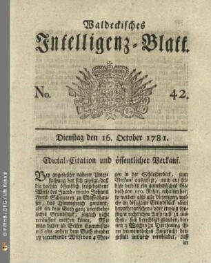 No. 42, Dienstag den 16. October 1781