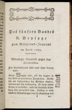 Des fünften Bandes II. Beylage zum Religions-Journal im April 1785