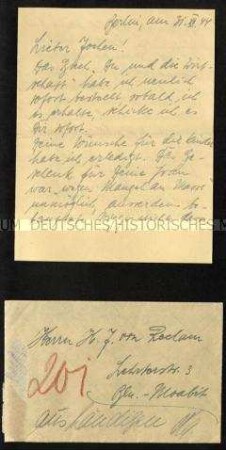 Brief an Hans Joachim von Reclam-Schlee im Gefängnis Moabit (mit Kuvert)