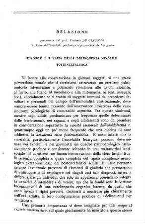 91-96, Relazione: Diagnosi e terapia della delinquenza minorile postencefalitica