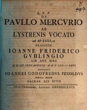 De Paullo, Mercurio ab Lystrenis vocato, ad Act. XIIII, 12