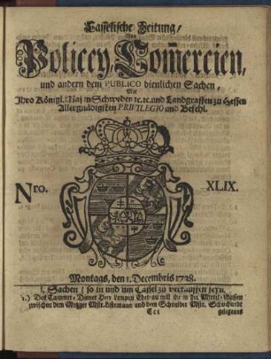 Nro. XLIX, Montags, den 1. Decembris 1738