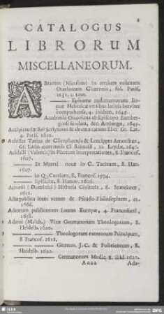 Catalogus Librorum Miscellaneorum