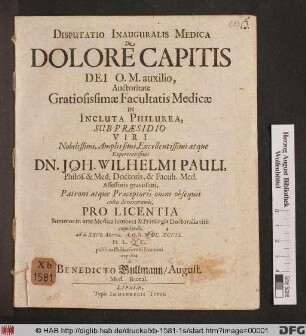 Disputatio Inauguralis Medica De Dolore Capitis