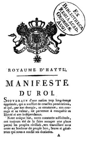 Royaume d'Hayti. Manifeste du Roi