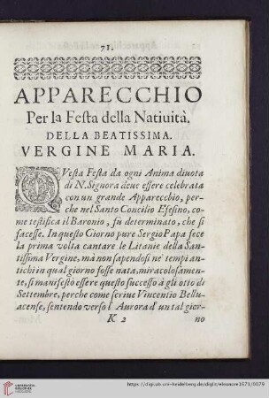 Apparecchio per la Festa della Natiuità. Della beatissima. Vergine Maria