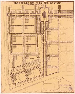 Erweiterung der Friedhöfe, Stolp: (Lichtpause von Inv.-Nr. 41163): Grundriss des nordwestlichen Teils der geplanten Erweiterung des Friedhofs mit Höhenlinien 1:500, Maßstabsleiste; Stempel