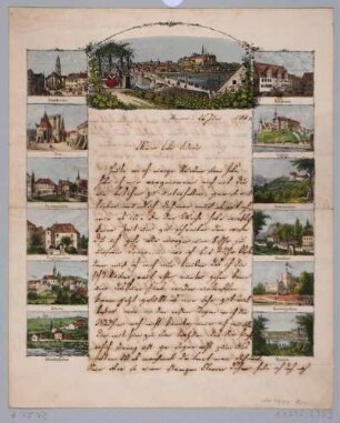 Briefbogen mit Stadtansichten und Sehenswürdigkeiten von Meißen und Umgebung, beschrieben im Jahr 1853