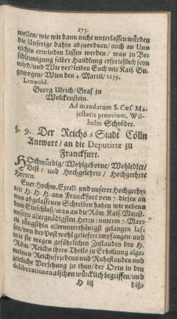 §. 9. Der Reichs-Stadt Cölln Antwort, an die Deputirte zu Franckfurt