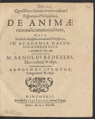 Disputatio Philosophica De Animae rationalis immortalitate