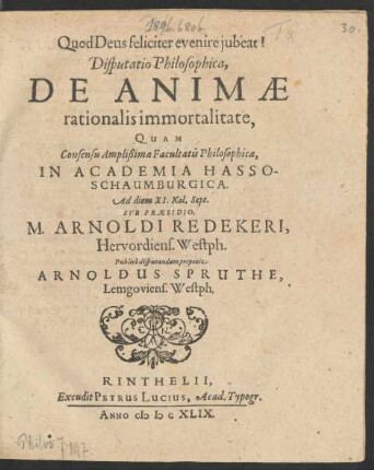 Disputatio Philosophica De Animae rationalis immortalitate