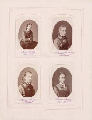 links oben: Schülerin Anna Hebting aus Mannheim rechts oben: Schülerin Johanna Schücking aus Bochum links unten: Schülerin Helene König aus Stuttgart rechts unten: Schülerin Florence Jones aus Neuseeland [im Großherzoglichen Institut Mannheim]