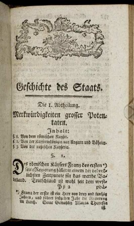 Die 1. Abtheilung. Merkwürdigkeiten grosser Potentaten.