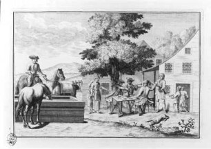 Reiter mit Pferden an der Tränke. Radierung; 16 x 23 cm