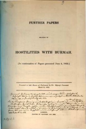 Further papers relating to hostilities with Burmah : in continuation of papers presented June 4, 1852 ; presented ... 1853