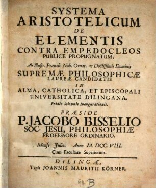 Systema Aristotelicum De Elementis Contra Empedocleos