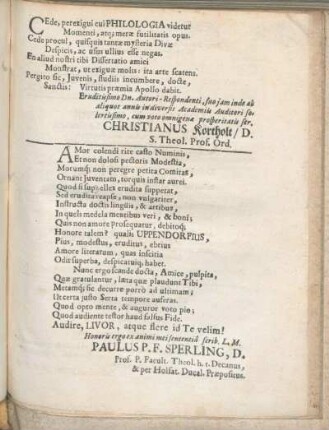 Gratulationes [Beiträger: Christianus Kortholt. Paulus P. F. Sperling. Præses. D. G. Morhofius. M. Laurentius Frisius.]
