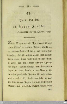 43. Herr Gleim an Herrn Jacobi. Halberstadt den 5ten Decemb. 1767